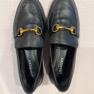 LisaVicky Black Leather Loafers with Gold Horsebit